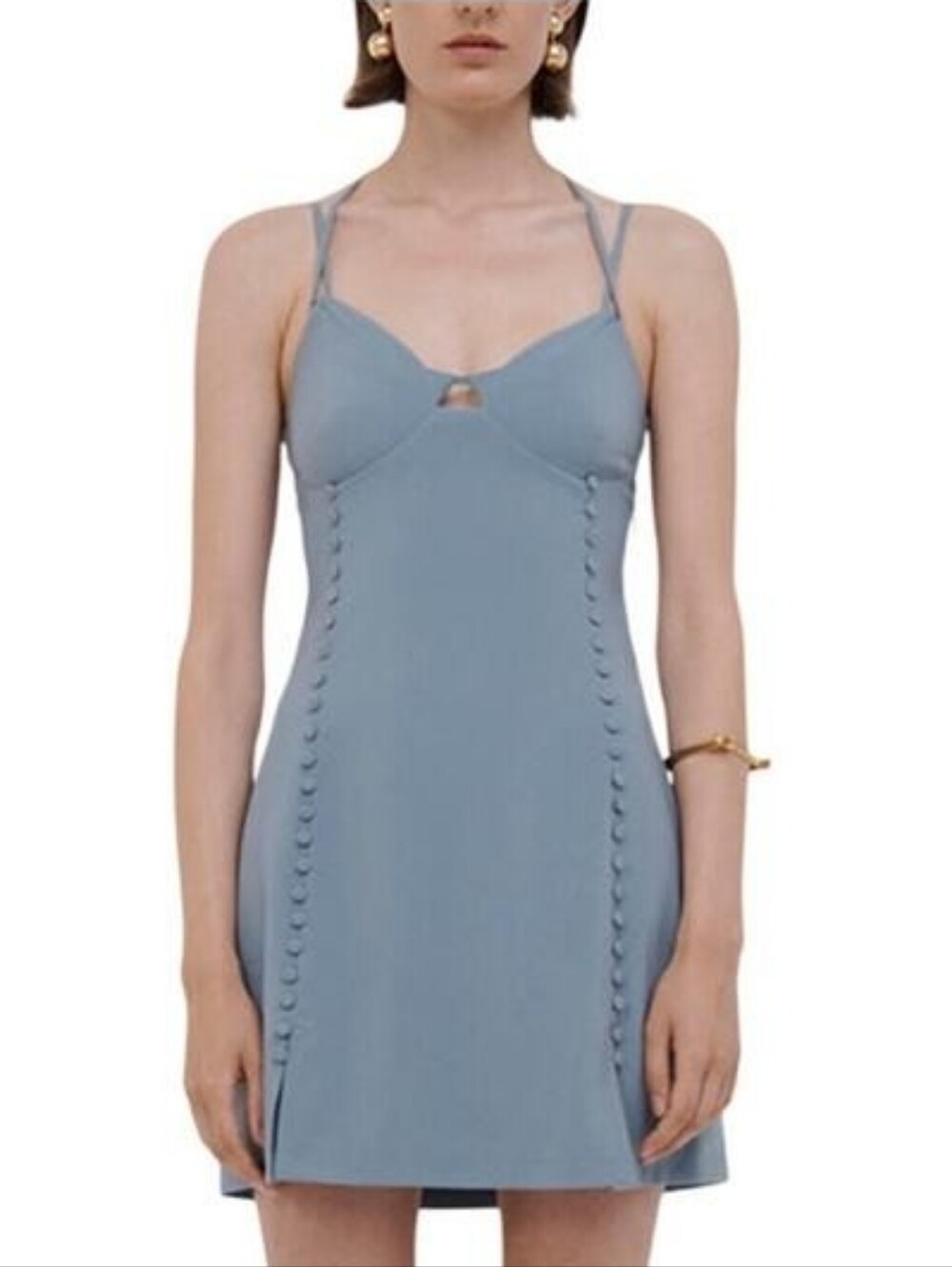 Jonathan Simkhai Dusty Blue Button-Trim Strappy Mini Dress, Size 4